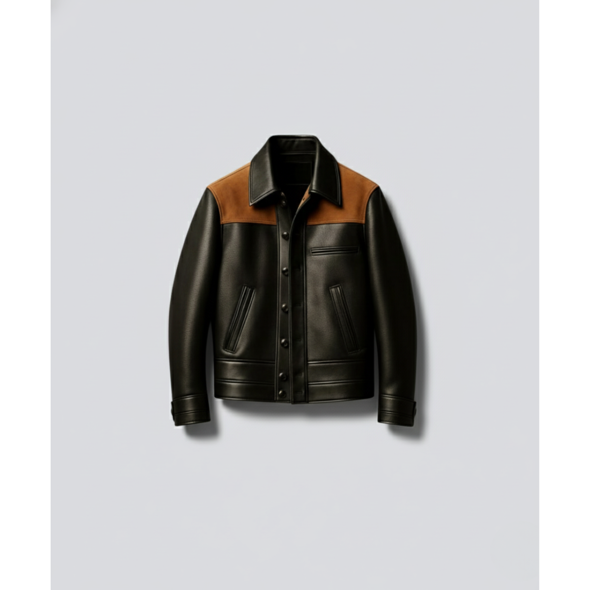 Front view of The Sultan's Duality Bomber Leather Jacket, a two-tone Bomber Leather Jacket featuring a black leather body contrasted by a tan or light brown suede yoke across the shoulders and the jacket collar. The jacket has a zip closure and slash pockets.