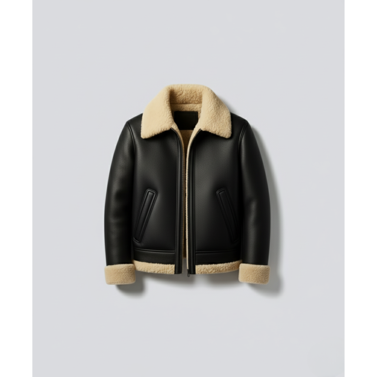 The Onyx Mariner: Front view of a black leather shearling bomber jacket. It features a wide tan fleece collar, matching cuffs and hem, and two zippered front pockets, set against a white background.