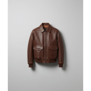 Front view of The Sultan's Aviator Bomber Leather Jacket, a classic brown Bomber Leather Jacket with a zippered front, ribbed cuffs and waist, and a clean leather collar. The jacket showcases the smooth, high-quality leather finish.