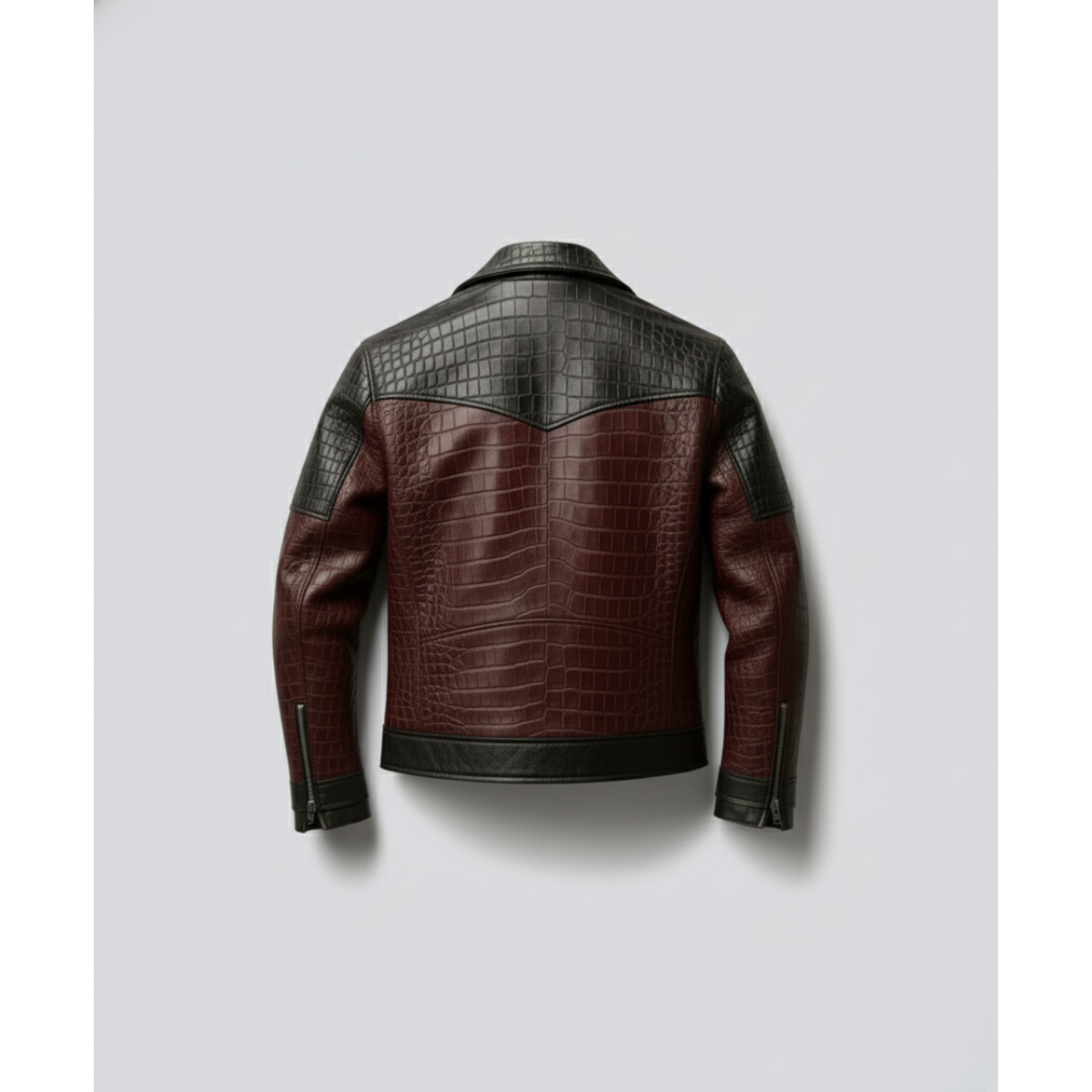 Back view of The Sultan's Scimitar Biker Leather Jacket, showcasing the luxurious two-tone design of this Biker Leather Jacket. It features deep maroon crocodile-embossed leather on the main back panel, contrasted by black crocodile-embossed leather on the shoulder yoke and the tops of the sleeves